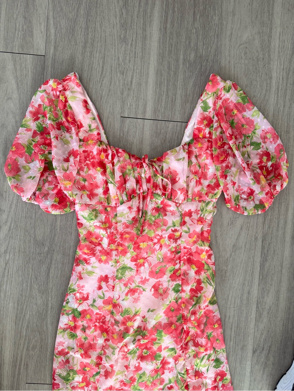 B. Darlin Pink Floral Puff Sleeve Midi Dress Cottagecore Romantic Slit - Picture 4 of 5